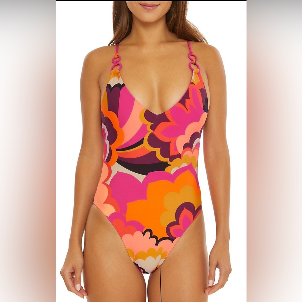 NWT! TRINA TURK FAN FAIRE TWIST BACK MAILLOT One Piece Swimsuit Size 14 ☀️🌺🌴